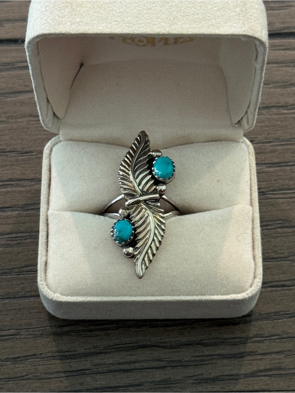 Vintage Sterling Silver Turquoise Double Leaf Ring Signed J Size 8 – 6.5g